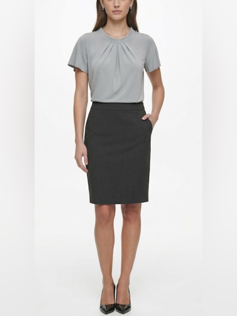 Calvin Klein Women's Light Gray Pleated Neck Ruffle Blouse Top Size L